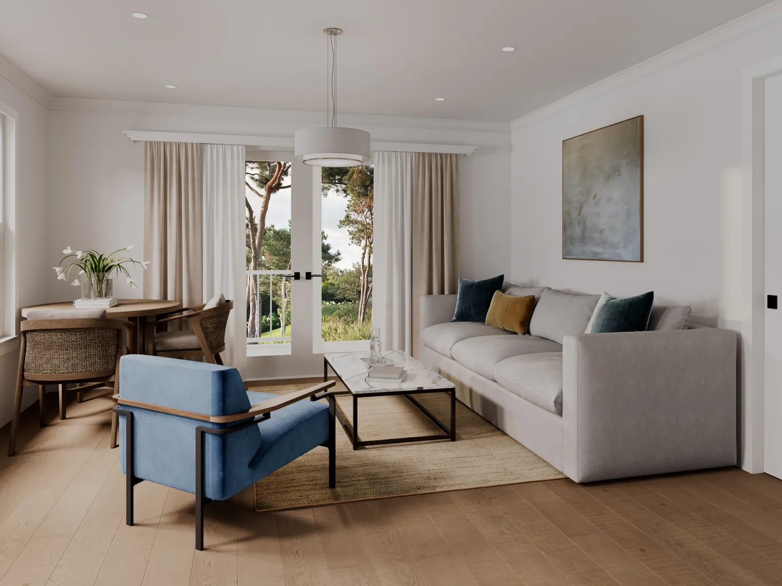 Halo living room with sofa, armchair and dining table