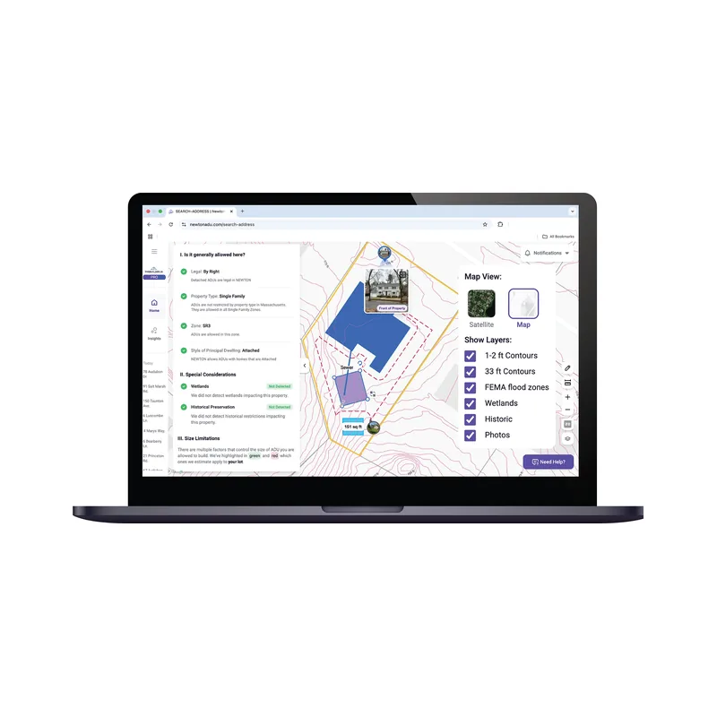 Laptop showing a lot check: zoning, setbacks and map layers for a property