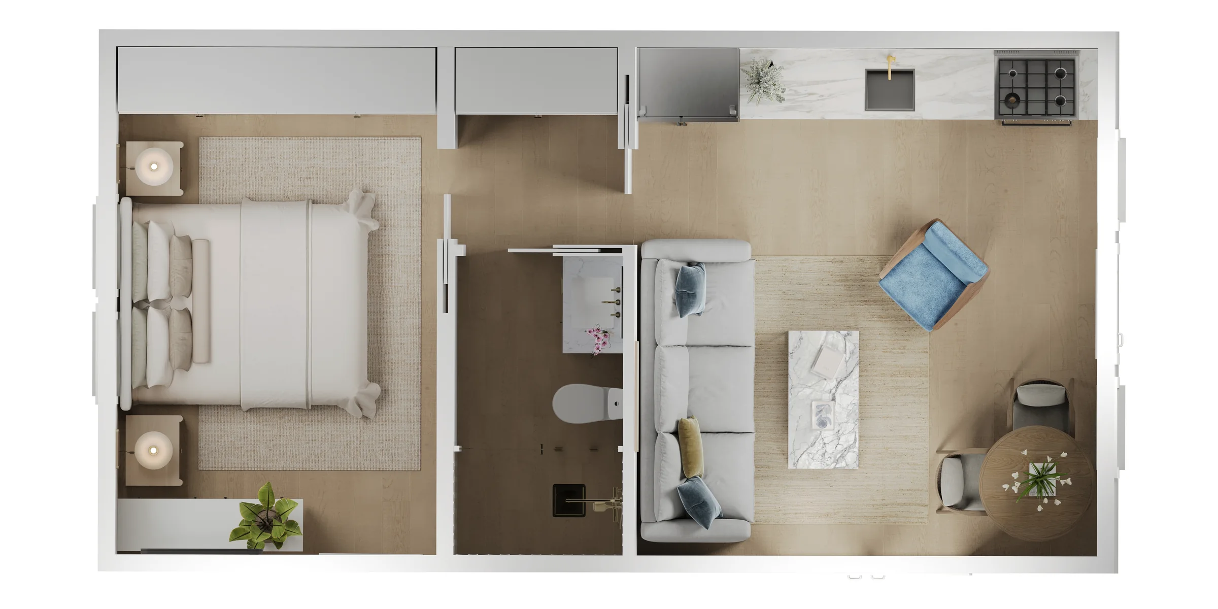 3D top-down rendering of the furnished Halo home: bedroom, bathroom, living room and kitchen