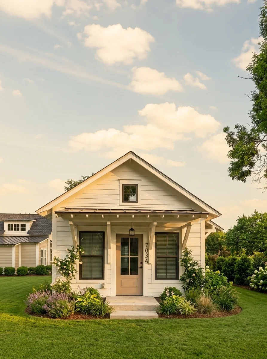 Front of a Halo home with a covered entry and garden