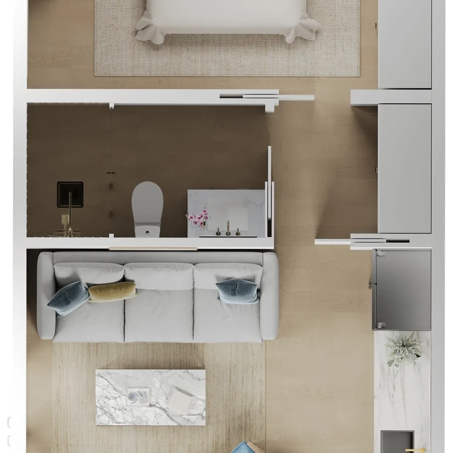 Top-down view of the furnished Halo home