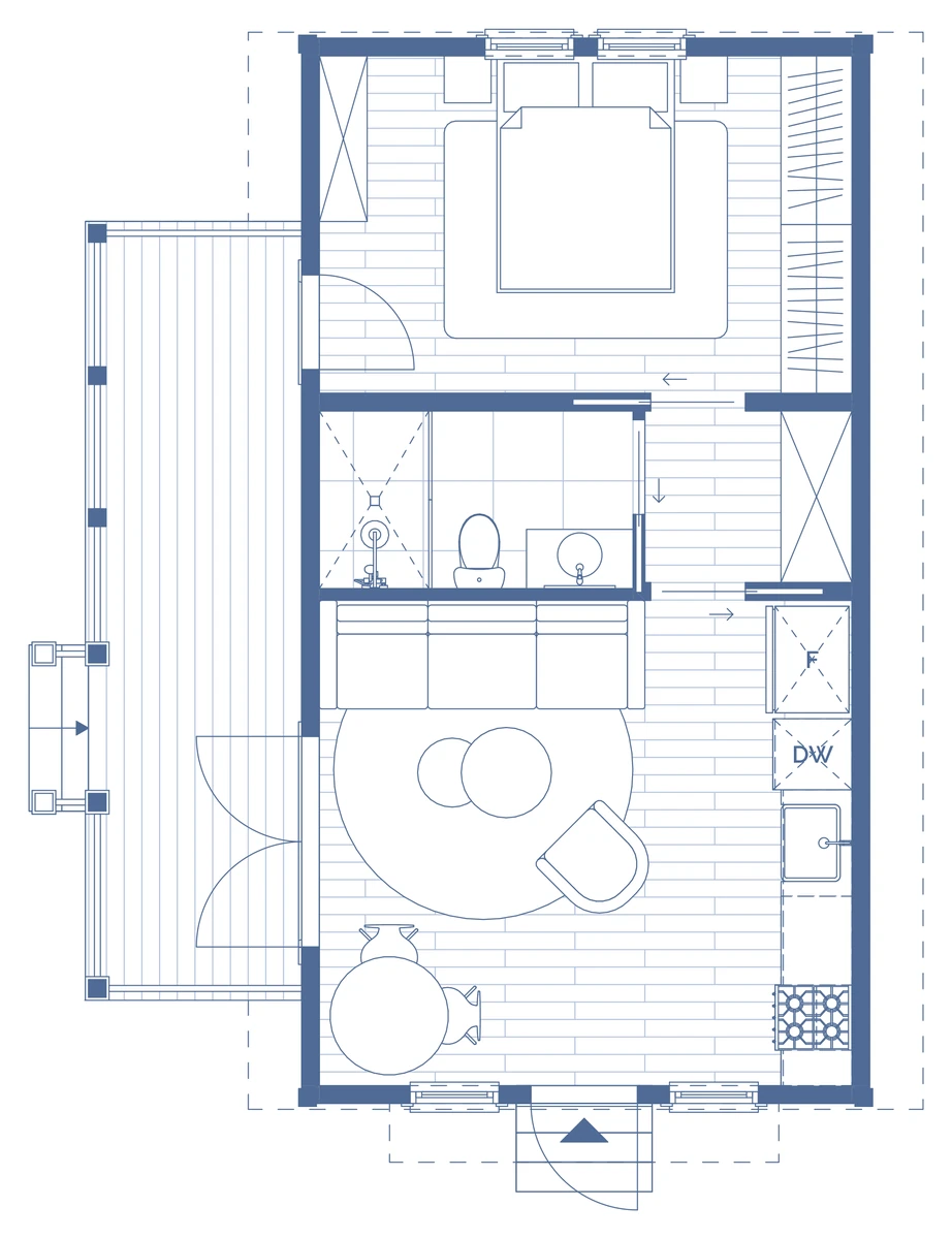 Halo floor plan drawing: bedroom 15'-0" × 10'-0", bathroom 8'-10" × 5'-0", kitchen and living 15'-0" × 13'-8", and a 21'-11" × 6'-1" side porch