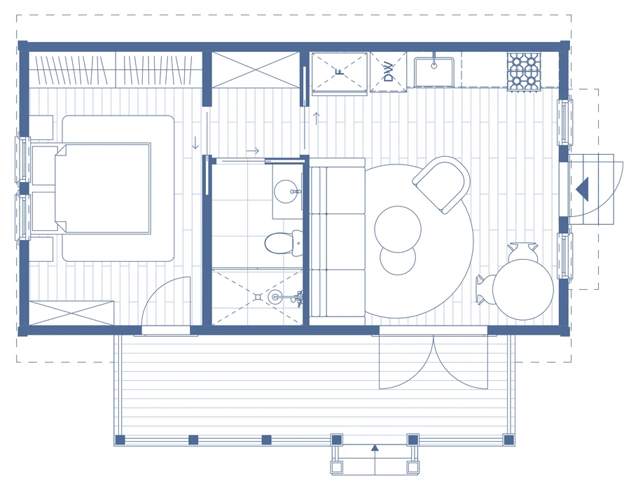 Floor plan of the Halo home: bedroom, bathroom, kitchen and living room, and side porch